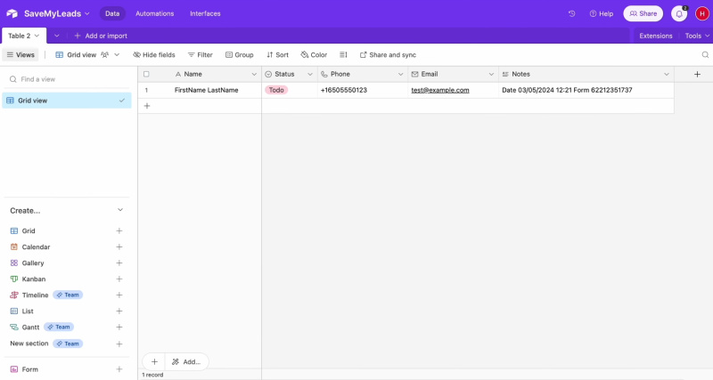 Google Lead Form and Airtable integration | Result of transferred data