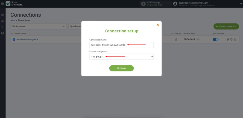 Facebook and PostgreSQL integration | Change the connection name and add it to a group
