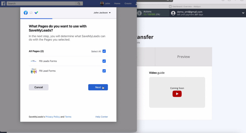 Facebook and Mailgun integration | Check all advertising pages