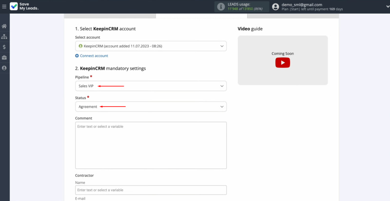 Facebook and KeepinCRM integration | Choose the pipeline and the status