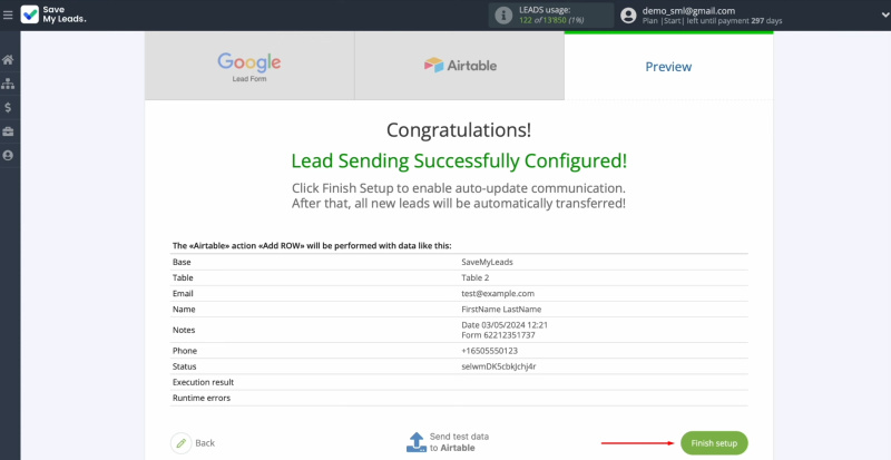 Google Lead Form and Airtable integration | Click “Finish setup” to enable auto-update