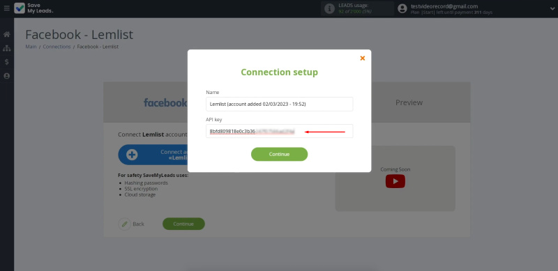 Facebook and Lemlist integration | Paste the API key into the appropriate field in SaveMyLeads