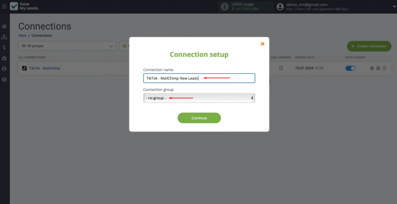 TikTok and Mailchimp integration | Change the connection name and add it to a group