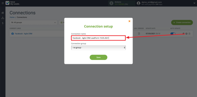 Facebook and AgileCRM integration | Editing the name of the connection