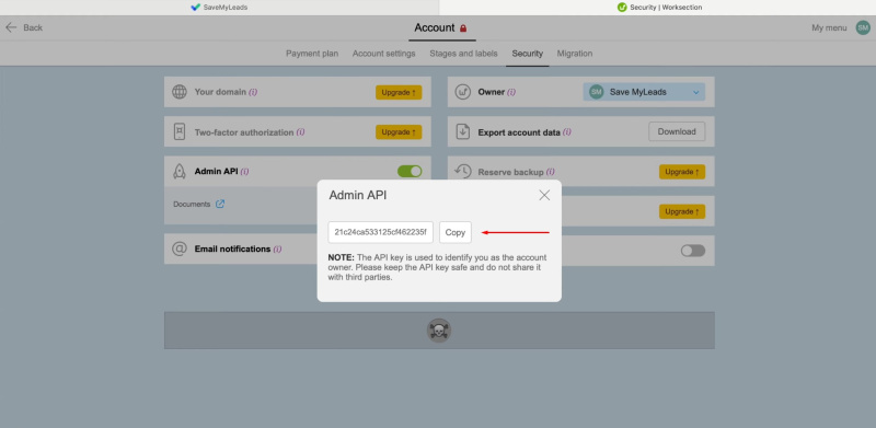 Facebook and Worksection integration | Copy the API key