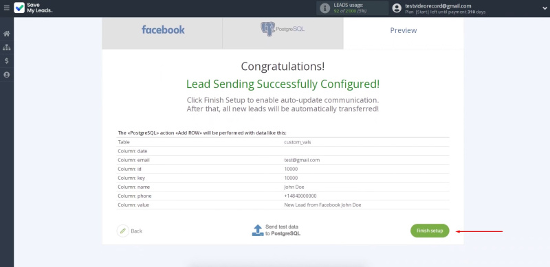 Facebook and PostgreSQL integration | Click “Finish setup” to enable auto-update