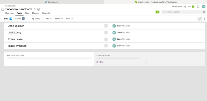 Facebook and Worksection integration | Result of connecting