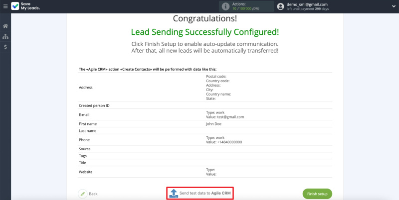 Facebook and AgileCRM integration | Sending test data