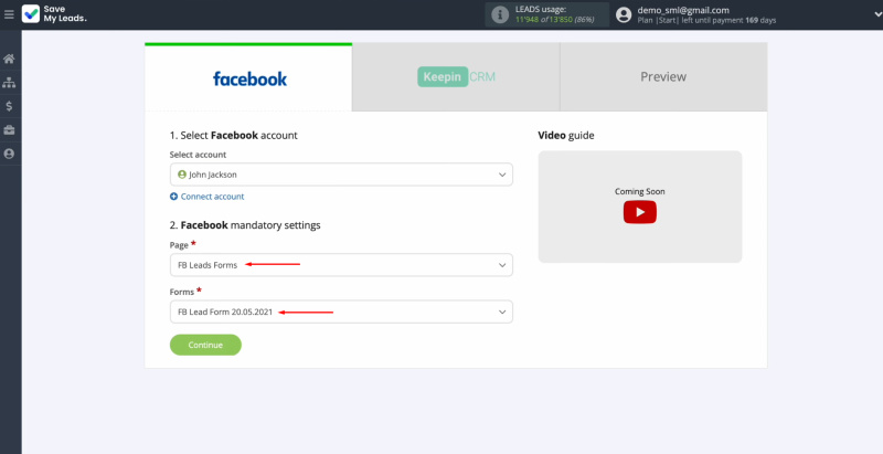 Facebook and KeepinCRM integration | Select the advertising page and specify the forms