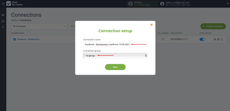 Facebook and Worksection integration | Change the connection name and add it to a group