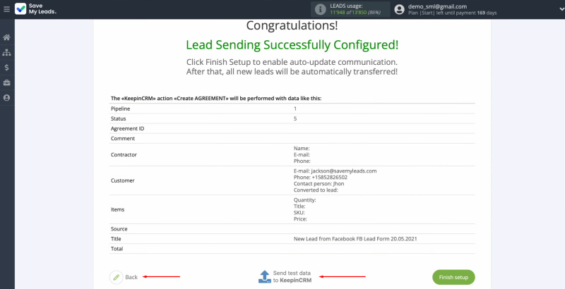 Facebook KeepinCRM integration | Click "Back" or “Send test data to KeepinCRM”