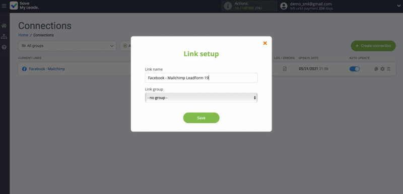 MailChimp and Facebook integration | Window for changing the name of the link