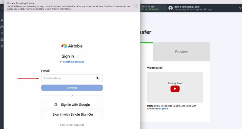 Google Lead Form and Airtable integration | Specify the login of your Airtable personal account
