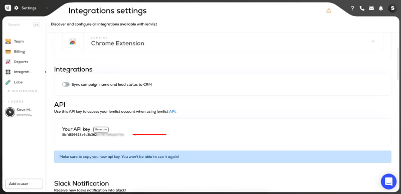 Facebook and Lemlist integration | Copy the API key