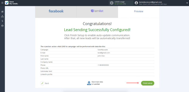 Facebook and Lemlist integration | Click “Finish setup” to enable auto-update of the connection