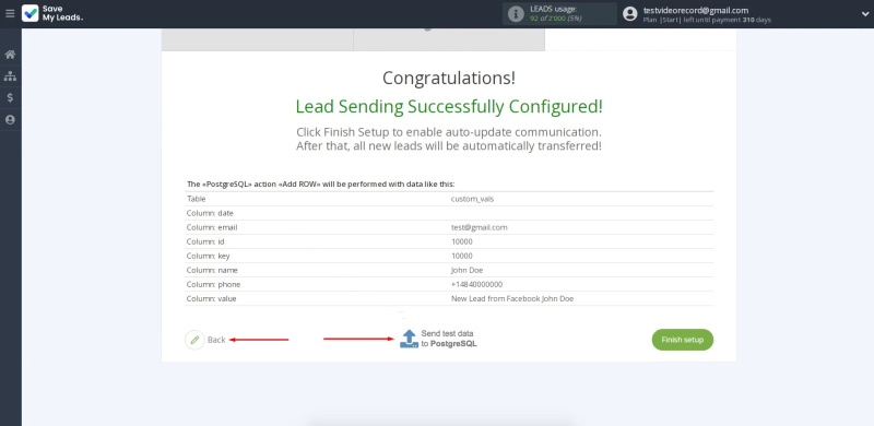 Facebook and PostgreSQL integration | Click "Back" or “Send test data to PostgreSQL”