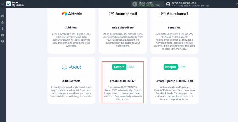 Facebook and KeepinCRM integration | Select KeepinCRM (Create AGREEMENT)